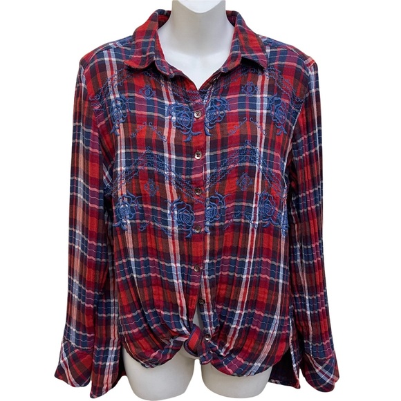 Free People Magical Plaid Shirt Red and Blue Embroidered Button Down Blouse S - Picture 14 of 14